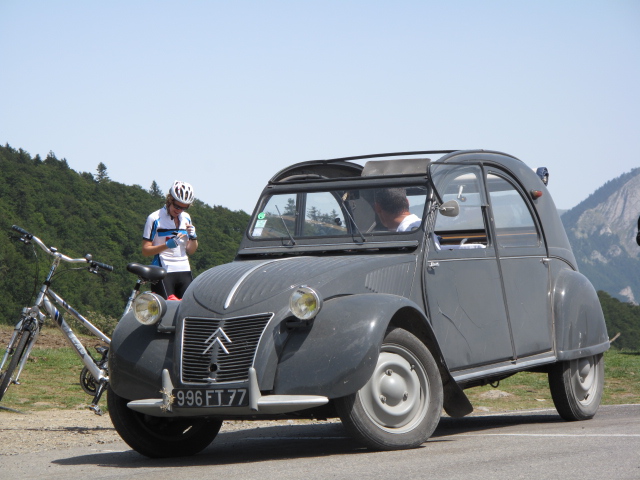 Col de Peyresourde, France; bike and deux cheveaux